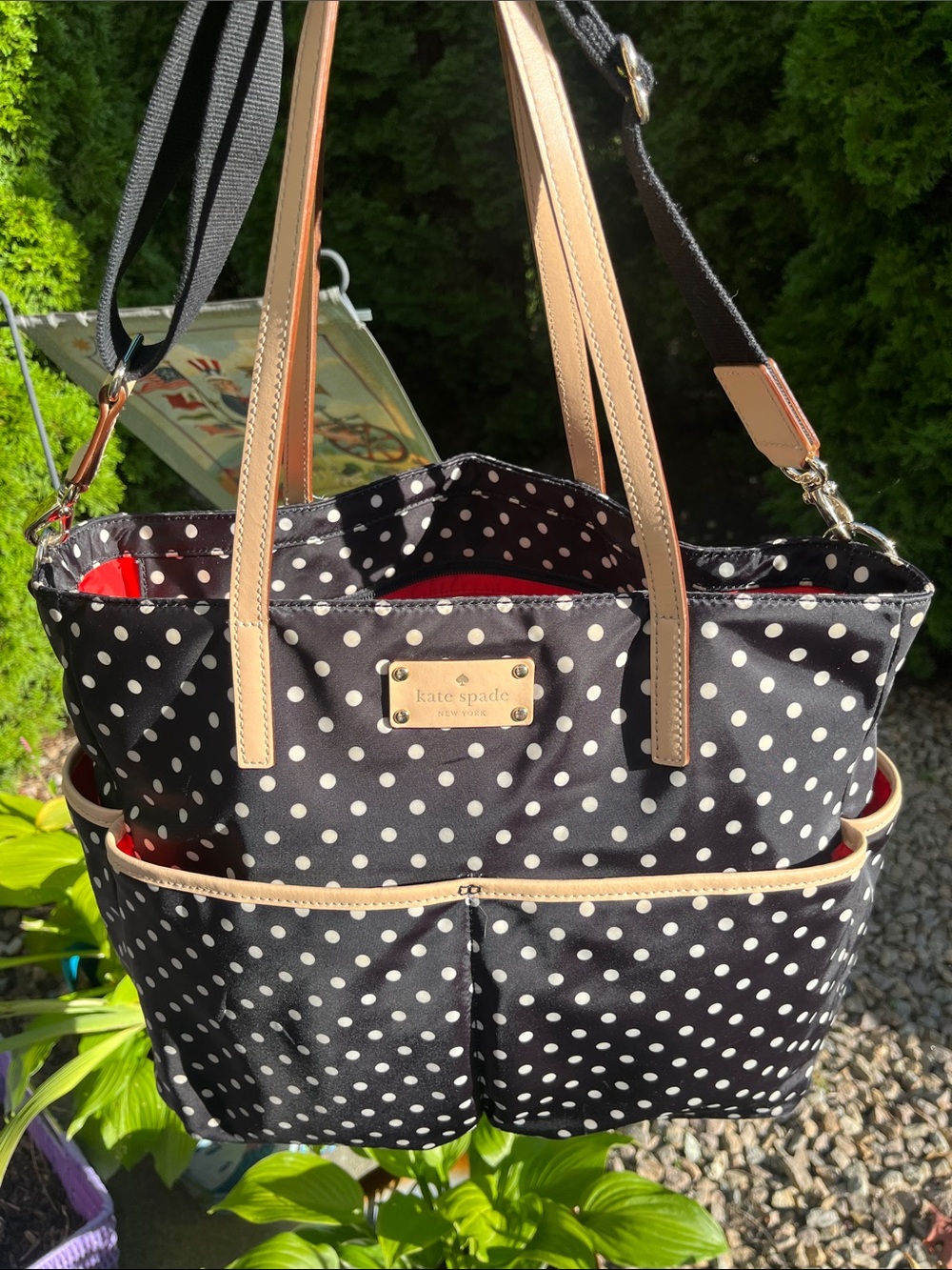 Kate Spade Black Polka Dot Tote with Beige Trim and Red Interior w/Crossbody EUC